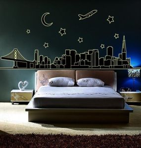 Glow in the Dark NYC New York Skyline Wall Stickers Decal Luminous Downtown Cityscape Stars Moon Airplane Brimding Building Mur4817260