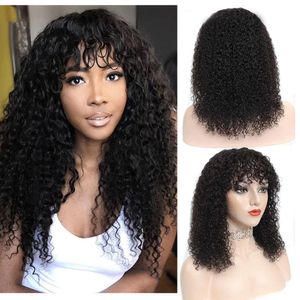 Glueless 150% densité Black Women Kinky Curly Non Lace Front Wig Full Machine Made Brazil Pervian Indain Deep Wave 100% Human Hair Wigs With Bangs Natural Color