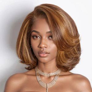 Perruque Bob Lace Closure Wig naturelle sans colle, cheveux naturels, mélange de bruns et blonds, 5x5, 180%, prédécoupés, avec raie latérale, à porter et à emporter, pour femmes