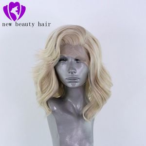 Perruque Lace Front Wig synthétique sans colle, cheveux naturels en Fiber haute température, courte, ondulée, Blonde, pour femmes américaines