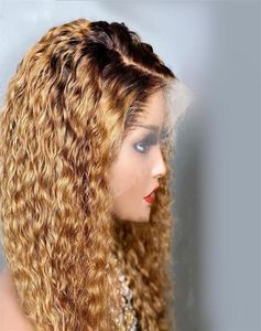 Sans colle Malaisie Kinky Bouclés Ombre haut en soie Full Laces Perruque de Cheveux Humains 360 Frontal Pré Pincées Délié Naturel Miel blond 13x6 1423762