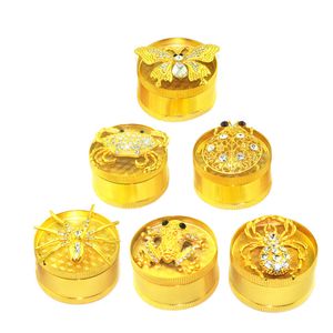 Molinillos de hierbas de diamantes de oro de oro de diamante de tabaco 3 piezas de 3 piezas de molinete de ralladura de ranura 52 mm de mariposa rana rana cáscar