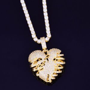 Collar con colgante de corazón de esqueleto roto de oro con cadena de tenis de 4 mm Cubic Zircon Hombres Hip hop Rock Jewelry