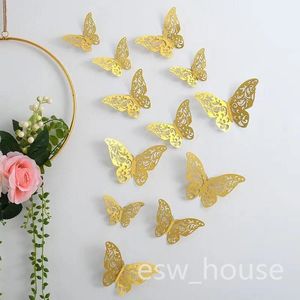 Autocollants décoratifs papillons dorés, 12 pièces/lot, décalcomanies papillons creux 3D, décoration murale amovible pour la maison, DIY bricolage