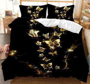 Juego de cama de mariposa dorada, funda nórdica negra de lujo, ropa de cama de 3 piezas, edredón impreso en 3D, juegos de cama para adultos, juego de cama lindo 240306