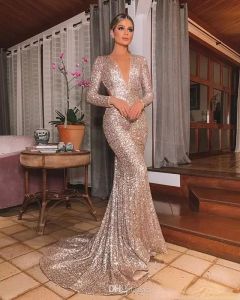 Vestido de noche dorado largo brillante con cuello abierto para mujer, elegante vestido de sirena con tirantes y lentejuelas, vestido de fiesta de graduación, bata Abendkleider