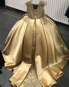 Gold Flower girl Dresses for Wedding Lace Applique Satin Kids Birthday Party Dress Puffy Long Train Princess Little Girl's Pageant Gown Toddler Formal Dress AL9813