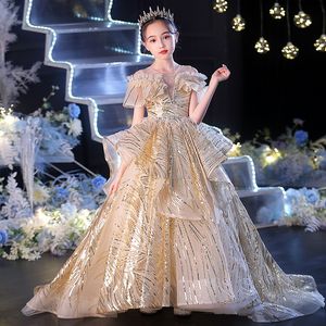 Gold Flower Girls Dress Baby Girl Clothes Lace 3D Fleurs Appliquez Puffy Tulle Kids Pageant Robe d'anniversaire personnalisé Made 403