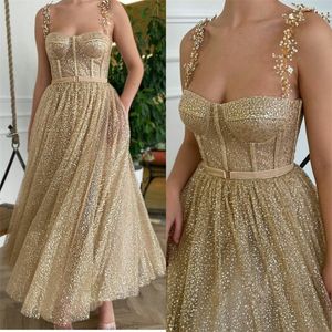 Brillo dorado Lentejuelas Vestidos de noche Diseño de cristal Con cuentas Dubai Arabia Saudita Bling Bling Vestido formal Vestidos de noche Robe de soir￩e