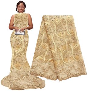 Tela de encaje francés dorado, encaje suizo nigeriano de alta calidad, tela africana de malla bordada para vestido de novia, 2023