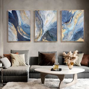 Pintura en lienzo de lujo dorado, arte de la pared, imagen abstracta minimalista, telón de fondo azul, póster e impresión, decoración del hogar, diseño de sala de estar 231228