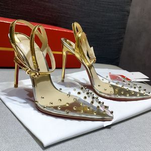 Zapatos de tacón de aguja con cordones de cuero transparente remachados en oro para mujer Zapatos de fiesta de boda sexy Diseñador de lujo nuevos zapatos cómodos para mujer Tamaños 35-42 + caja