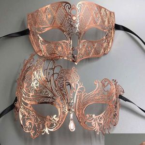 Gold Rose Party Women masques hommes Amour de couple en couple en métal léger Cut Filigree Venetian Mardi Gras Masquerade Ball Prom Ma DH2FS