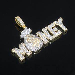 Or Argent Couleur MONEY BAG Lettre Pendentif avec Corde Chaîne Glacé Cubique Zircone Pendentifs Hip Hop Bijoux Cadeau pour Femmes Hommes