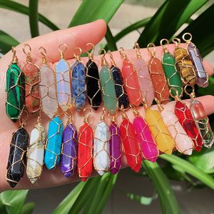 Gold Silver Wire Wrap Chakra Stone Pendulum Pendulum Posting Healing Crystal Reiki Encantos para joyas de collar que hacen cuarzo de rosa de amatista