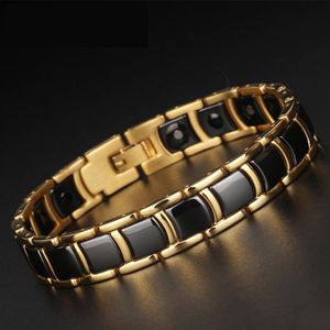 Bracelet magnétique en acier inoxydable doré pour hommes, bijoux faits à la main, lien classique, santé, amitié, céramique noire et blanche, Bracelets274F
