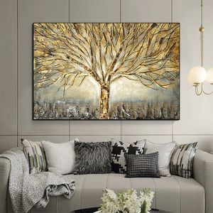 Póster de pintura al óleo del Árbol de la vida dorado e impresiones en lienzo, imágenes artísticas abstractas, arte de pared moderno para decoración del hogar y la sala de estar