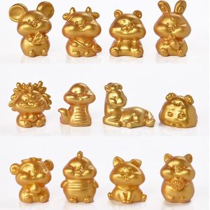 Oro doce signos chinos de zodiaco muñecas mini figuras 3d miniatura de hada jardín decoración micro paisaje dio adorno de automóvil pequeño