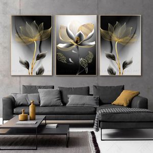 Affiche de fleurs noires dorées, impression sur toile de luxe, peinture abstraite, images d'art murales pour salon, canapé, décoration de maison moderne