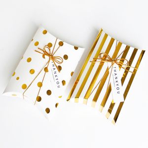 Emballage cadeau Golden dot rayé oreiller boîte à bonbons célébration de mariage cadeau boîte de cuisson sans ruban et étiquette 14x10cm