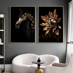 Pintura en lienzo de flor dorada y caballo negro, decoración moderna para sala de estar, carteles impresos, imágenes artísticas de pared para diseño del hogar