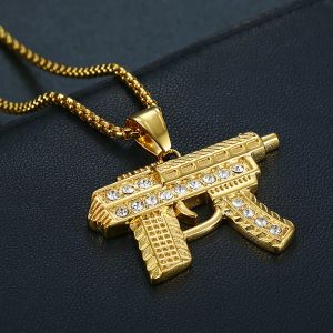 Collier pendentif en forme de pistolet doré en or jaune 14 carats, avec chaîne pour femmes/hommes, strass scintillants, bijoux Hip Hop