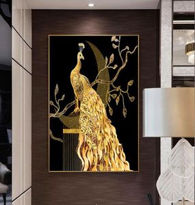 Pintura en lienzo de pavo real dorado, mariposa, flor, pluma, pájaro, imágenes artísticas de pared de animales para sala de estar, decoración del hogar, sin marco 1605228