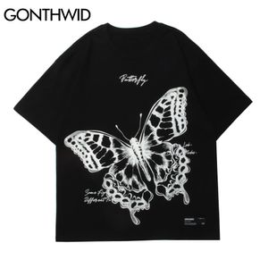 GONTHWID Harajuku camisetas Hip Hop mariposa manga corta camisetas Streetwear hombres moda algodón Punk Rock gótico camiseta Tops C0315