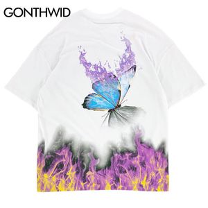 GONTHWID Hip Hop Fire Flame Butterfly Print Streetwear Tees Camisas Harajuku Hipster Casual Punk Rock Camisetas de manga corta Tops LJ200827