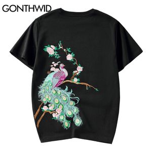 GONTHWID camiseta Hip Hop Casual Streetwear hombres Pavo Real flores bordado manga corta algodón camisetas Harajuku moda camisetas C0315