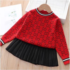 Buona qualità Neonate Set di abbigliamento Maglioni a maniche lunghe lavorati a maglia + Gonne 2 pezzi Set Primavera Autunno Bambini Pullover a maglia Gonna Abiti Vestito da ragazza 3-8 anni