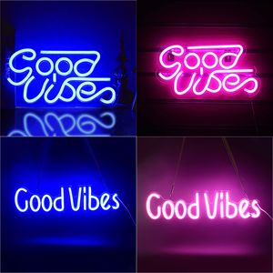 Good Vibes Letrero de neón con luz USB, letreros LED azules y rosados, lámpara de noche para dormitorio, cerveza, bar, pub, hotel, fiesta, restaurante, decoración de pared recreativa