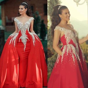 Gorgeous Beading Red Mermaid Vestidos de baile con tren desmontable Cuello en V Vestidos de fiesta de cristal Vestidos turcos Vestido formal Ropa de noche