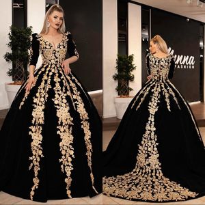 Preciosos vestidos de pelota 34 manga larga con cuello en V dole de oro árabe Veet Black Women Formal Nights Vestidos S S S S S S