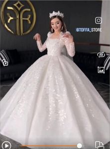 Robes de mariée magnifiques paillettes robe de mariée dentelle appliques manches longues une ligne col en V profond balayage train sur mesure jardin vestido de novia