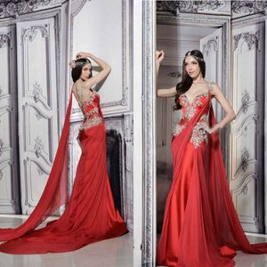 Magníficos vestidos indios largos formales vestidos de noche rojos correas transparentes corte tren fruncido gasa apliques de encaje vestido de fiesta con cinta