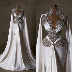 Magnifique plus de perles robe de mariée perle cristal perlé sirène robes de mariée avec Cape manches robes de mariée sur mesure grande taille