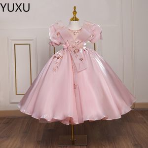 Superbes robes de fille de fleur rose pour bouchons de mariage couche de cou appliquée à manches longues pour fille de concours