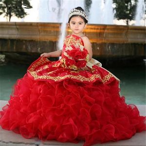 Magnifiques filles rouges Pageant robes volants appliqué robe de demoiselle d'honneur pour les mariages enfants princesse anniversaire robes de bal290h