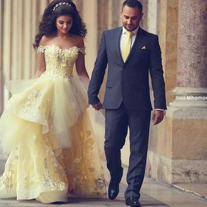 Magnifique robe de mariée jaune en dentelle, ligne A, longueur au sol, à volants, épaules dénudées, en Tulle, robes de bal, 2021