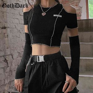 Goth Dark E-Girl Style Patchwork Noir T-shirts Gothique Une épaule Manches Y2K Crop Tops Volants Hem Hip Hop Techwear Femmes Tees Y0508