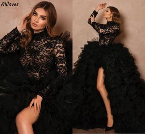 Robe de bal gothique en dentelle noire, robe de bal de gala rouge, col haut, manches longues, paillettes, robes de soirée, arabe dubaï, fente haute, volants, sexy, tenue formelle, CL2835