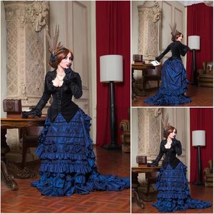 Gothic Black Royal Blue Robes de soirée formelles à manches longues 19 siècles victorienne Civil War Southern Marie Antoinette Prom Party Gowns