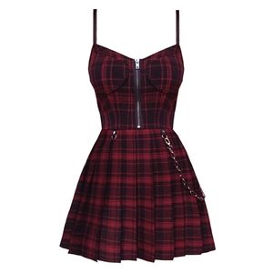 Gothique Filles Rouge Plaid Plissé Emo Alt Robe Y2K Zip Up Robe Femme Punk Noir Spaghetti Sangle Mini Court Jurken Goth Streetwear 220311