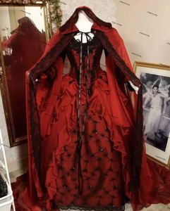 Robes de mariée gothiques Halloween avec cape Winter Sleeping Beauty Red and Black Sparkle Fantasy Lace-up Corset robe de mariée Taille Plus