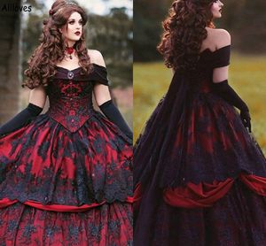 Gothique Rouge Et Noir Victoria Robes De Bal Hors Épaule Dentelle Appliques Perlées Vintage Soirée Robes De Bal Corset Princesse Duchesse Occasion Formelle Robe CL1623