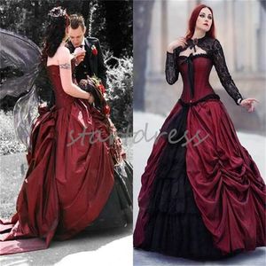 Vestidos de novia victorianos góticos con chaqueta de encaje Bolero Vestido de novia de granja rural medieval negro y rojo oscuro vintage 2024 Vestido de novia de fantasía con volantes Halloween