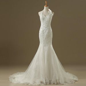 2022 Halter sirène dentelle robes de mariée perlées Appliques 3D fleurs à lacets Court Train robes de mariée
