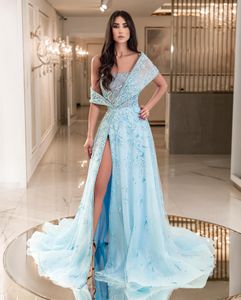 Graceful Pearls Strapless Prom Dresses Light Blue Side Split Vestido de noche por encargo Apliques con Wrap Women Formal Celebrity Party Dress