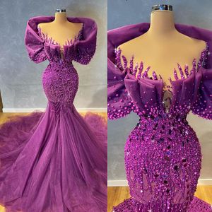 Robe de soirée sirène violette gracieuse, col en V, perles, robe de bal élégante en dentelle et perles, robes de soirée formelles en Tulle